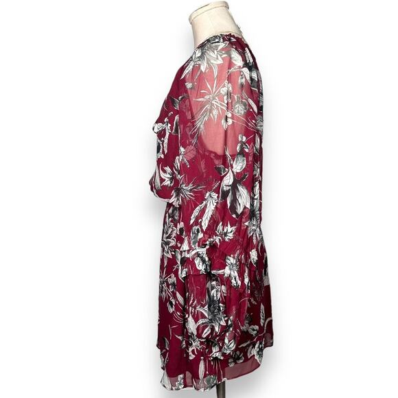 PARKER 100%Silk Ruffle Tier Floral Dress Sheer Sleeve Burgundy Sundress Small - Picture 6 of 13